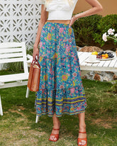 Women'S Floral Midi Skirts Elastic High Waist A-Line Swing Skirts